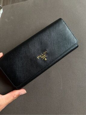 Prada Black Saffiano Continental Wallet with Gold Logo